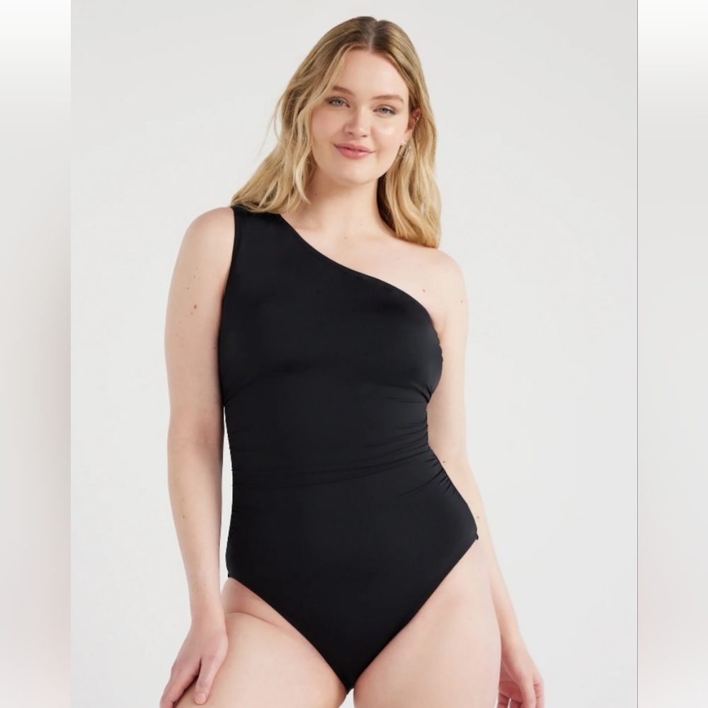 Time and Tru Women's and Women's Plus Shirred One Shoulder One Piece Swimsuit